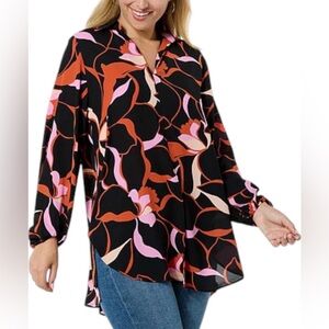 Colleen Lopez Women's Collared Tunic w Gathered‎ Sleeves Black/Pink XL